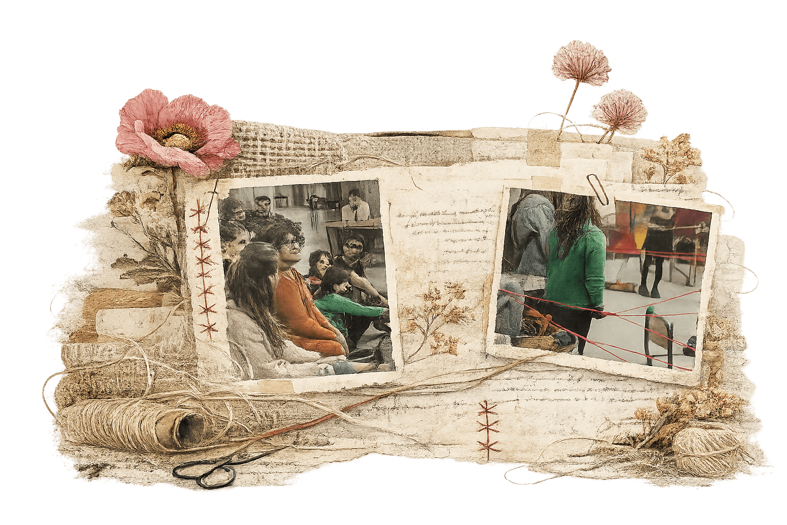Collage de fotografías junto a hilos y tijeras sobre una mesa de trabajo